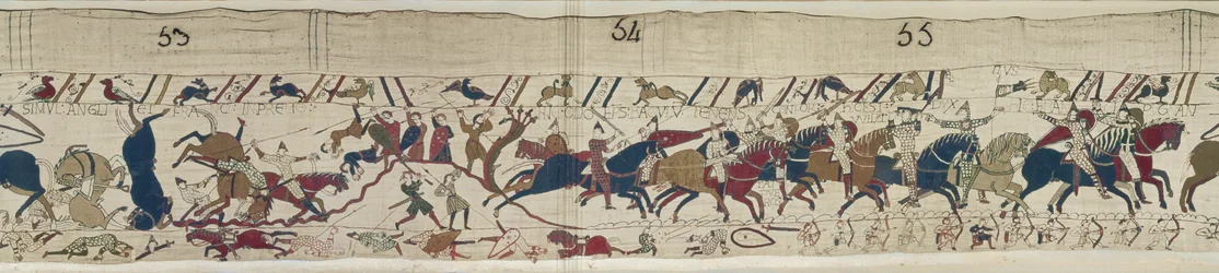 Normannen und Engländer fallen Seite an Seite und Bischof Odo sammelt die Normannen, Bayeux-Tapete